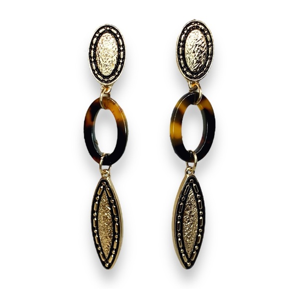 Erica Lyons Gold Tone & Tortoise Shell Oval Drop Post Earrings NWT - Picture 4 of 4